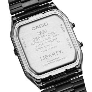 "Casio × Liberty AQ230EBLT-1A Watch — angular AQ230 analog-digital face, Liberty Paisley Fanfare laser-engraved band and dial, Liberty logo engraved buckle, unisex"