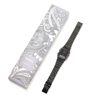 "Casio × Liberty AQ230EBLT-1A Watch — angular AQ230 analog-digital face, Liberty Paisley Fanfare laser-engraved band and dial, Liberty logo engraved buckle, unisex"