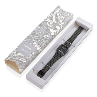 "Casio × Liberty AQ230EBLT-1A Watch — angular AQ230 analog-digital face, Liberty Paisley Fanfare laser-engraved band and dial, Liberty logo engraved buckle, unisex"