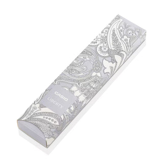 "Casio × Liberty AQ230EBLT-1A Watch — angular AQ230 analog-digital face, Liberty Paisley Fanfare laser-engraved band and dial, Liberty logo engraved buckle, unisex"