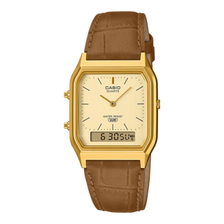 Casio Vintage AQ230EGL-9A analog-digital watch with genuine embossed leather band, gold-tone resin bezel, and compact angular face