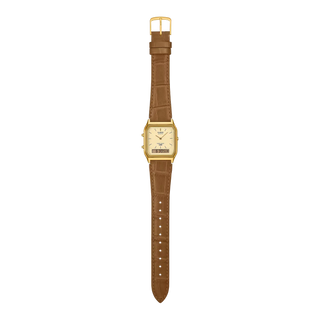 Casio Vintage AQ230EGL-9A analog-digital watch with genuine embossed leather band, gold-tone resin bezel, and compact angular face