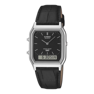 Casio Vintage AQ230EL-1A analog-digital watch with genuine embossed leather band, compact angular face, and classic Casio Vintage design