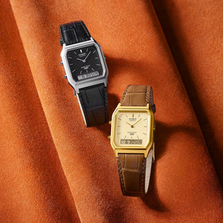 Casio Vintage AQ230EL-1A analog-digital watch with genuine embossed leather band, compact angular face, and classic Casio Vintage design