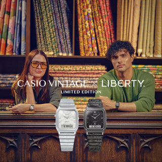 "Casio × Liberty AQ230EBLT-1A Watch — angular AQ230 analog-digital face, Liberty Paisley Fanfare laser-engraved band and dial, Liberty logo engraved buckle, unisex"