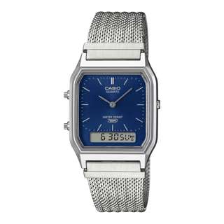 Casio Vintage AQ230EM-2A men's watch in navy - analog-digital combination watch with stainless steel mesh band, dual time, stopwatch, and water resistant