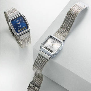 Casio Vintage AQ230EM-2A men's watch in navy - analog-digital combination watch with stainless steel mesh band, dual time, stopwatch, and water resistant