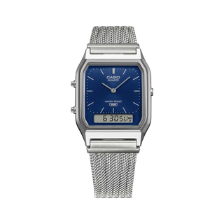 Casio Vintage AQ230EM-2A men's watch in navy - analog-digital combination watch with stainless steel mesh band, dual time, stopwatch, and water resistant