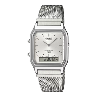 Casio Vintage AQ230EM-7A men's watch in silver - analog-digital combination watch with stainless steel mesh band, dual time, stopwatch, and water resistant