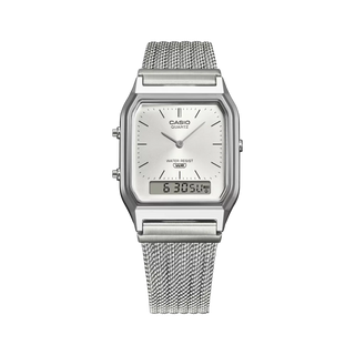 Casio Vintage AQ230EM-7A men's watch in silver - analog-digital combination watch with stainless steel mesh band, dual time, stopwatch, and water resistant