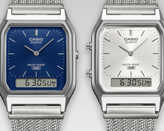 Casio Vintage AQ230EM-7A men's watch in silver - analog-digital combination watch with stainless steel mesh band, dual time, stopwatch, and water resistant