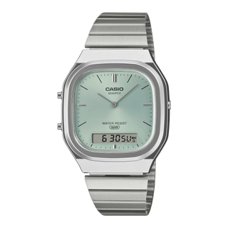 Casio Vintage AQ240E-2A watch with silver bracelet, light blue sunray dial, and analog-digital display.