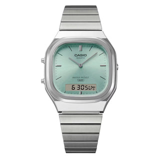 Casio Vintage AQ240E-2A watch with silver bracelet, light blue sunray dial, and analog-digital display.