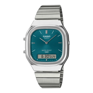 Casio watch with blue face and silver band on a white background