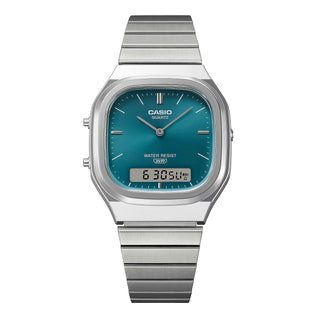 Casio watch with blue face and silver band on a white background