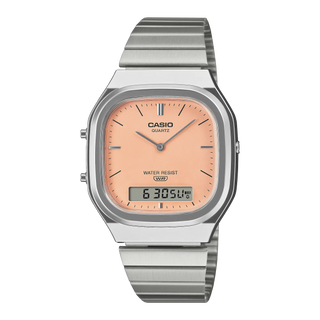 Casio Vintage AQ240E-4A watch with silver bracelet, pale matte orange dial, and analog-digital display.