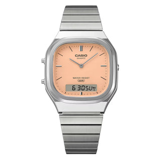 Casio Vintage AQ240E-4A watch with silver bracelet, pale matte orange dial, and analog-digital display.