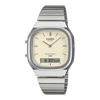 Casio Vintage AQ240E-7A2 watch with silver bracelet, white matte dial, and analog-digital display.