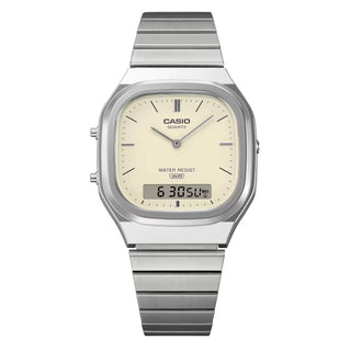 Casio Vintage AQ240E-7A2 watch with silver bracelet, white matte dial, and analog-digital display.