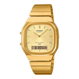 Gold Casio watch on a white background