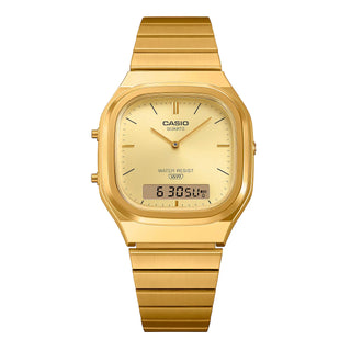 Gold Casio watch on a white background