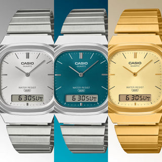 Three Casio watches in silver, blue, and gold on a white background