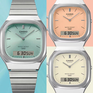 Casio Vintage AQ240E-4A watch with silver bracelet, pale matte orange dial, and analog-digital display.