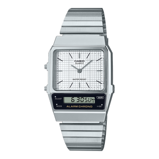 Casio AQ-800E-7A watch with a white dial, stainless steel band, and analog-digital display.