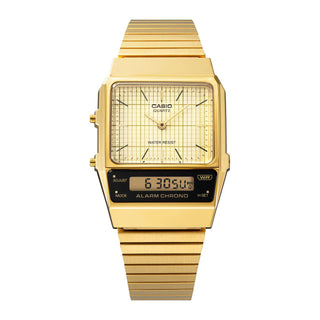 Gold Casio watch with digital display on a white background