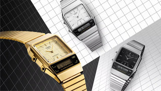Three vintage-style watches on a grid background