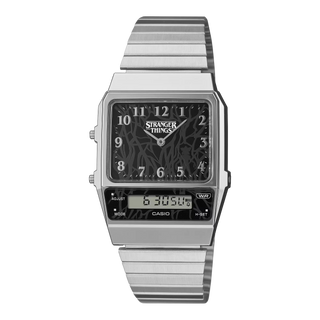 Silver Casio watch with Stranger Things logo on a white background