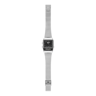 Silver watch with a mesh band on a white background