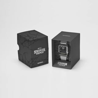 Casio watch in a 'Stranger Things' themed packaging on a white background