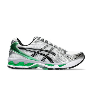 ASICS GEL-KAYANO 14 in White/Malachite Green, eco-conscious with retro design and advanced GEL® cushioning.