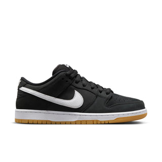 Nike SB Dunk Low Pro in Black/White-Black-Gum Light Brown with nubuck leather and Zoom Air cushioning.