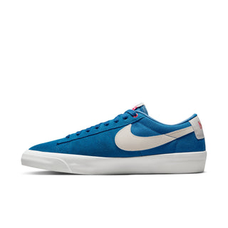 Nike SB Zoom Blazer Low Pro GT in Court Blue and University Red with suede design and durable construction.