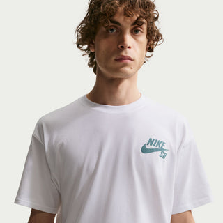 White Nike SB skate t-shirt with classic chest logo, loose fit silhouette, and ribbed crew neckline.