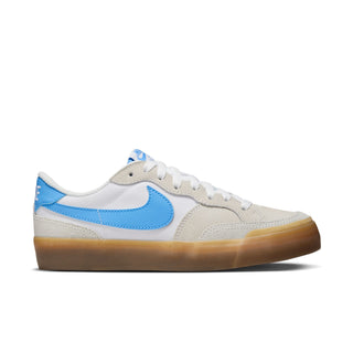 Nike SB Women's Pogo Plus in Summit White/University Blue-White, with canvas and leather upper and Zoom Air cushioning.