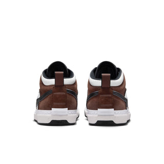 Nike SB React Leo Skate Shoe in LT CHOCOLATE/BLACK-WHITE-BLACK - Genderless skate shoes with satin side panels and a mix of leather, suede, and satin for durability.