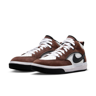 Nike SB React Leo Skate Shoe in LT CHOCOLATE/BLACK-WHITE-BLACK - Genderless skate shoes with satin side panels and a mix of leather, suede, and satin for durability.