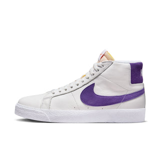 Nike SB Zoom Blazer Mid ISO Skate Shoes in WHITE/COURT PURPLE with vintage leather upper and Zoom Air cushioning.
