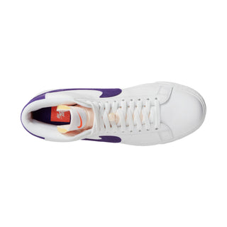 Nike SB Zoom Blazer Mid ISO Skate Shoes in WHITE/COURT PURPLE with vintage leather upper and Zoom Air cushioning.