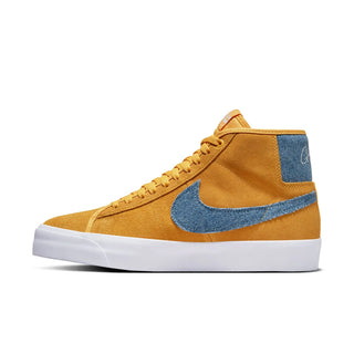 Image of Nike SB Grant Taylor Zoom Blazer Mid Pro GT, a classic '70s-inspired shoe with racing-inspired details in University Gold and Game Royal.
