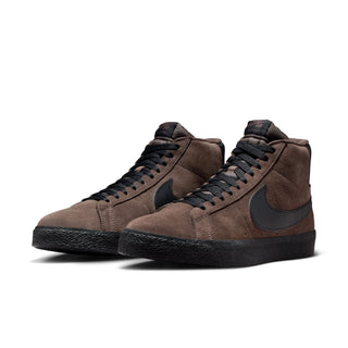 Nike SB Zoom Blazer Mid in baroque brown and black with suede upper, Zoom Air cushioning, and vulcanized sole.