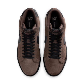 Nike SB Zoom Blazer Mid in baroque brown and black with suede upper, Zoom Air cushioning, and vulcanized sole.