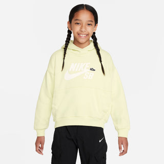 A Luminous Green/White Nike SB Icon Fleece Easy-On Big Kids' Oversized Pullover Hoodie, perfect for skaters.