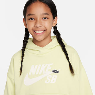 A Luminous Green/White Nike SB Icon Fleece Easy-On Big Kids' Oversized Pullover Hoodie, perfect for skaters.