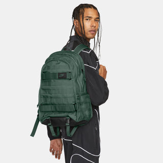 Nike SB RPM skate backpack in Fir and Black with multiple storage compartments and padded shoulder straps.