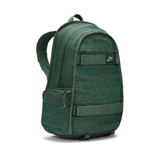 Nike SB RPM skate backpack in Fir and Black with multiple storage compartments and padded shoulder straps.