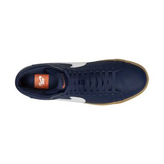 Nike SB Zoom Blazer Mid Orange Label in Navy/White-Gum Light Brown with leather upper and Zoom Air cushioning.